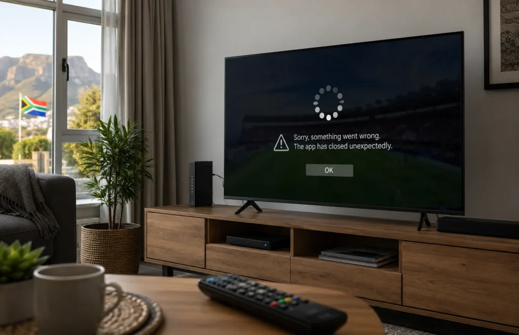 IPTV app crashing unexpectedly on a Smart TV in a South African living room