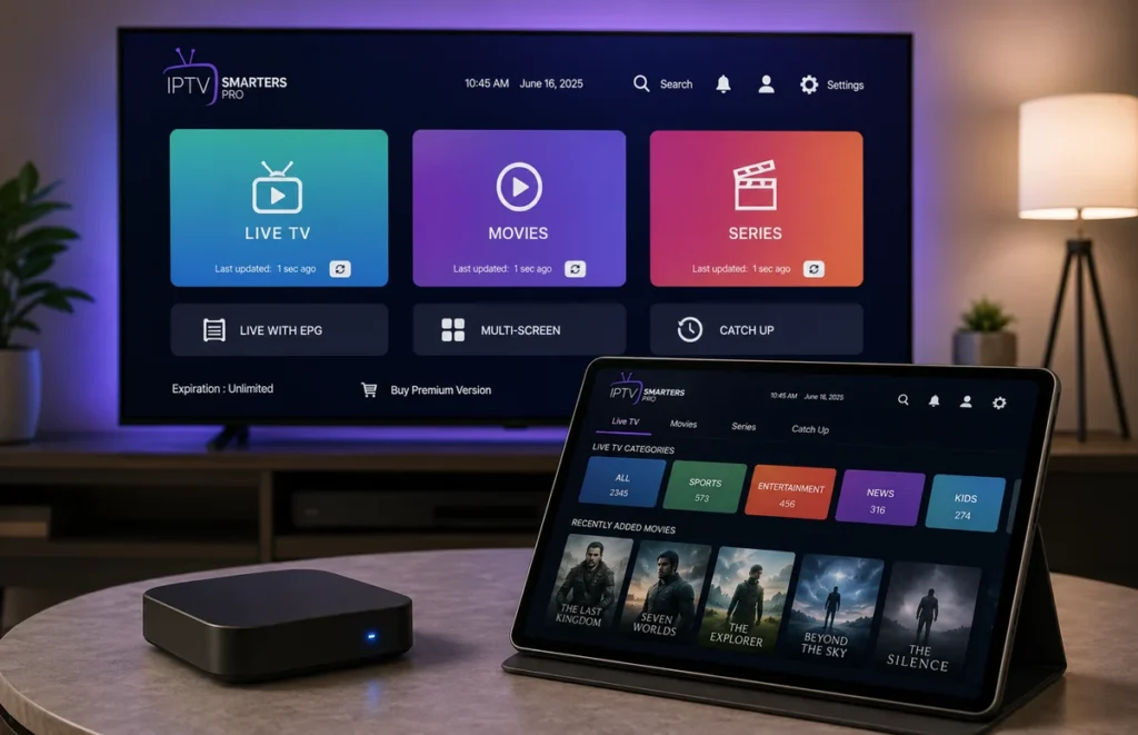 IPTV Smarters Pro APK interface on Smart TV and tablet