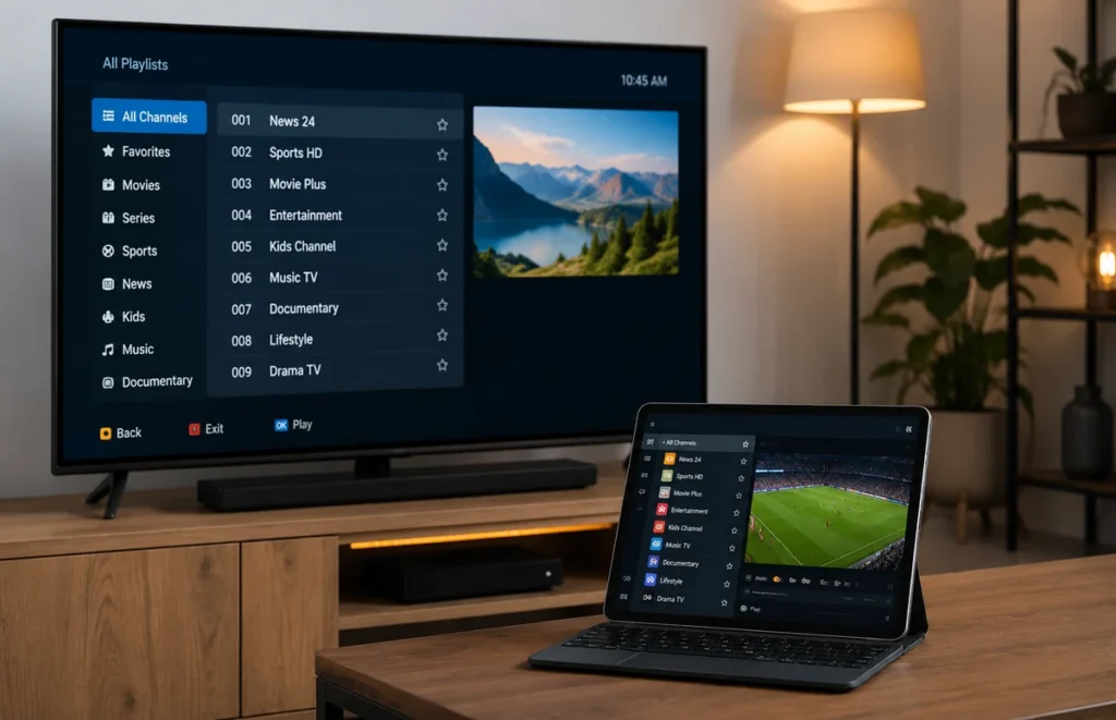 Free popular IPTV playlist displayed on a Smart TV and tablet