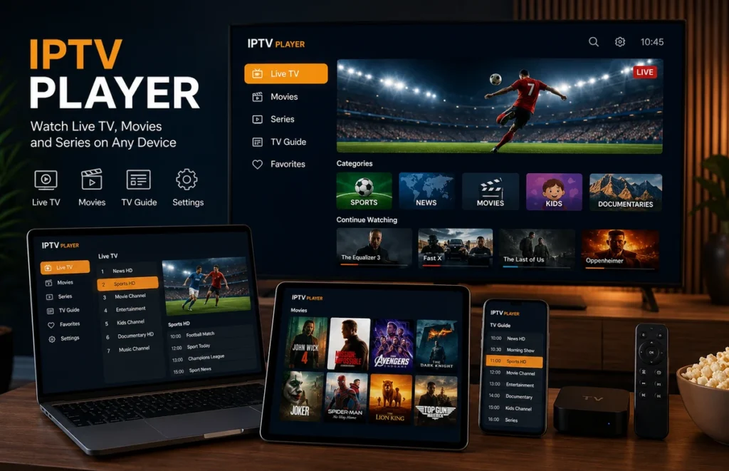 IPTV player interface displayed on Smart TV, tablet and smartphone