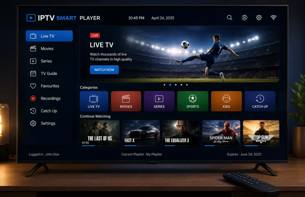 IPTV smart player interface displayed on a modern Smart TV