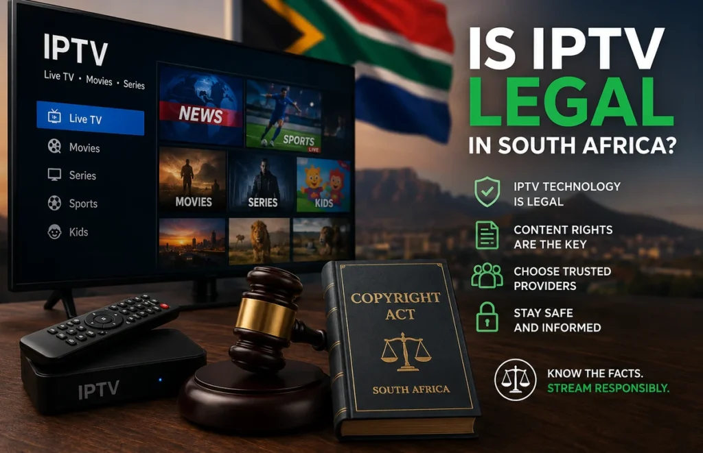 Is IPTV legal in South Africa guide with IPTV screen and copyright law concept