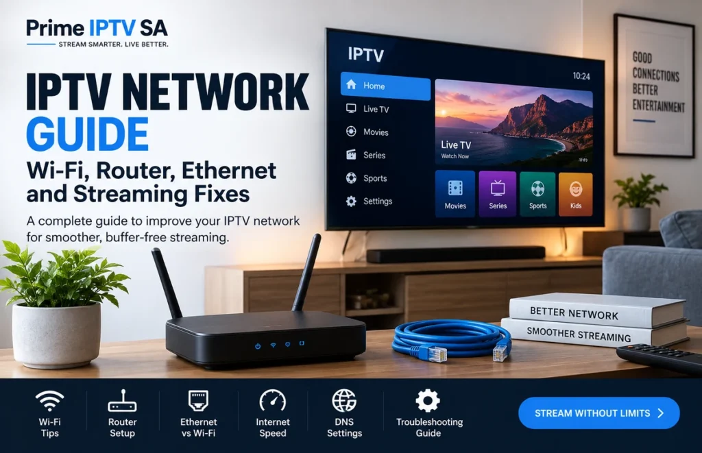 IPTV network guide showing Wi-Fi router, Ethernet cable and Smart TV streaming setup