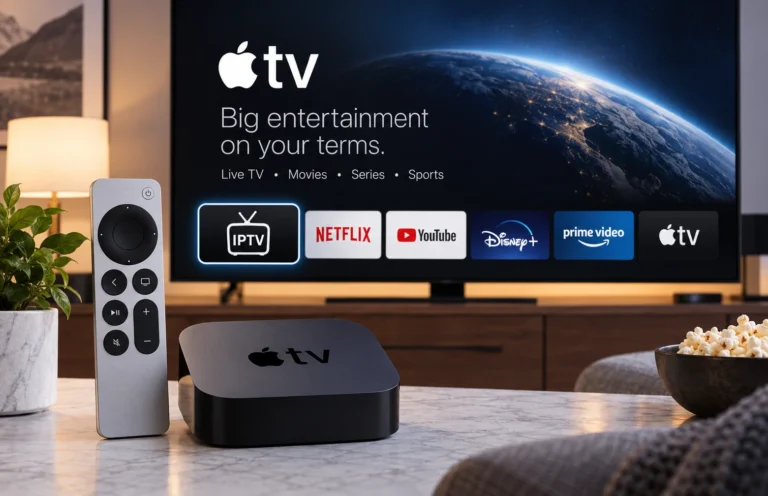 IPTV for Apple TV setup with Apple TV device, remote and IPTV player on a smart TV