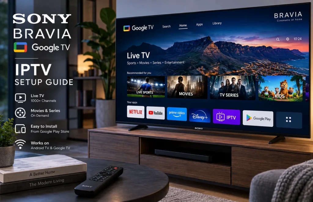 Sony Bravia Smart TV displaying Google TV IPTV setup guide in a modern living room